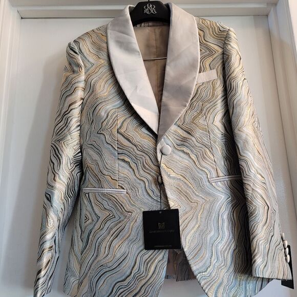 Gentlemens guru abstract print gold and champagne tuxedo jacket and vest - Picture 9 of 16